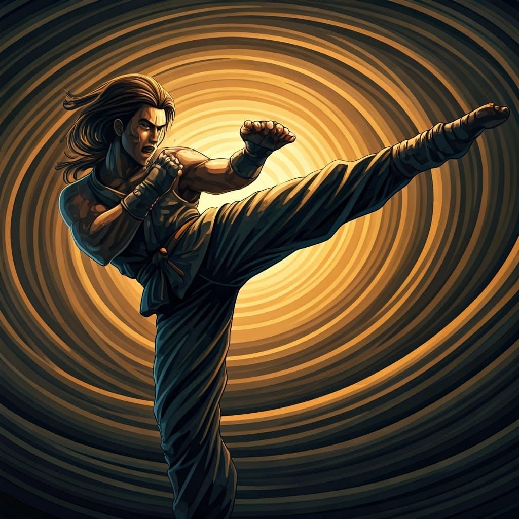 Dynamic Warrior's Roundhouse Kick with Abstract Details
