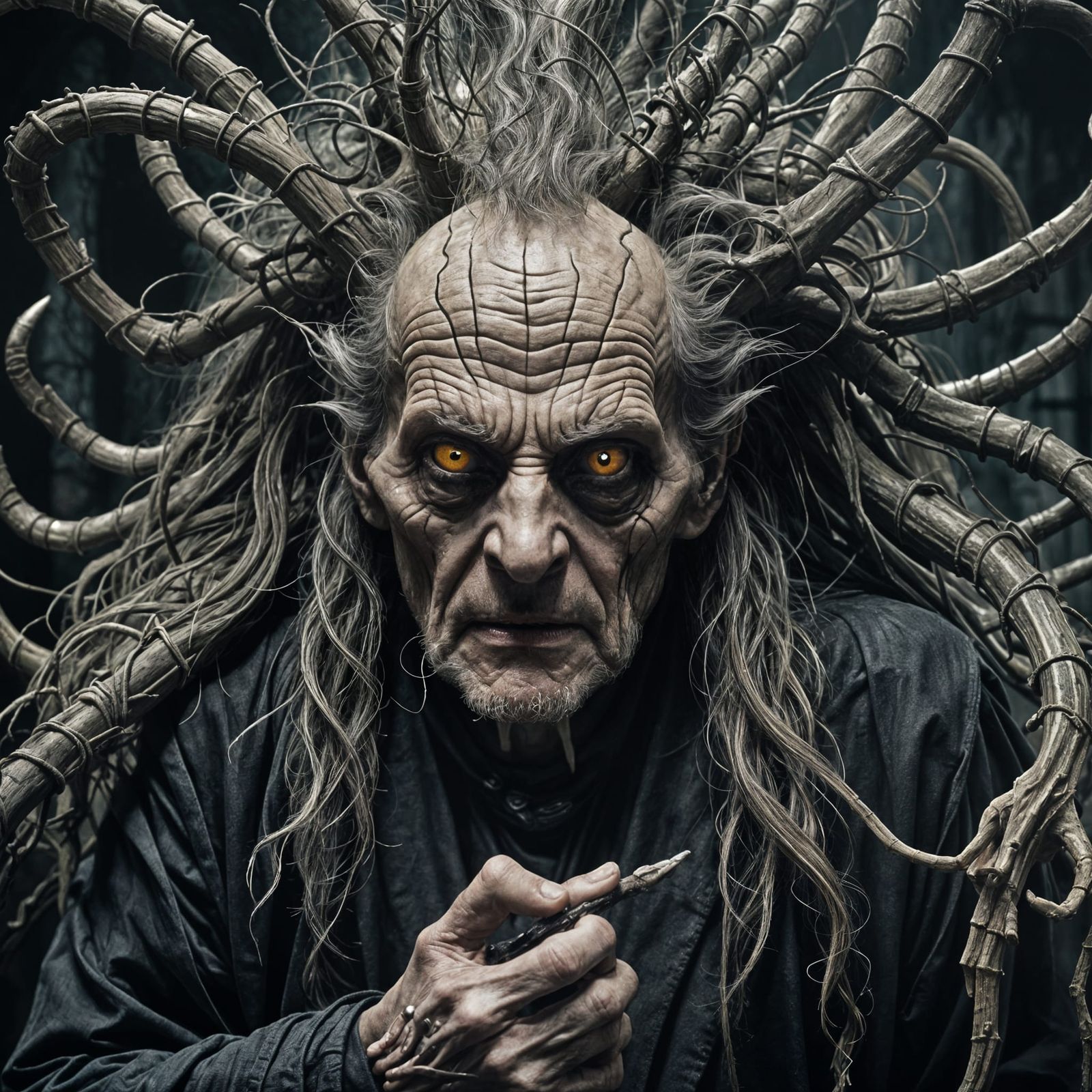 Frail Skeletal Man with Cursed Staff in Cinematic Film