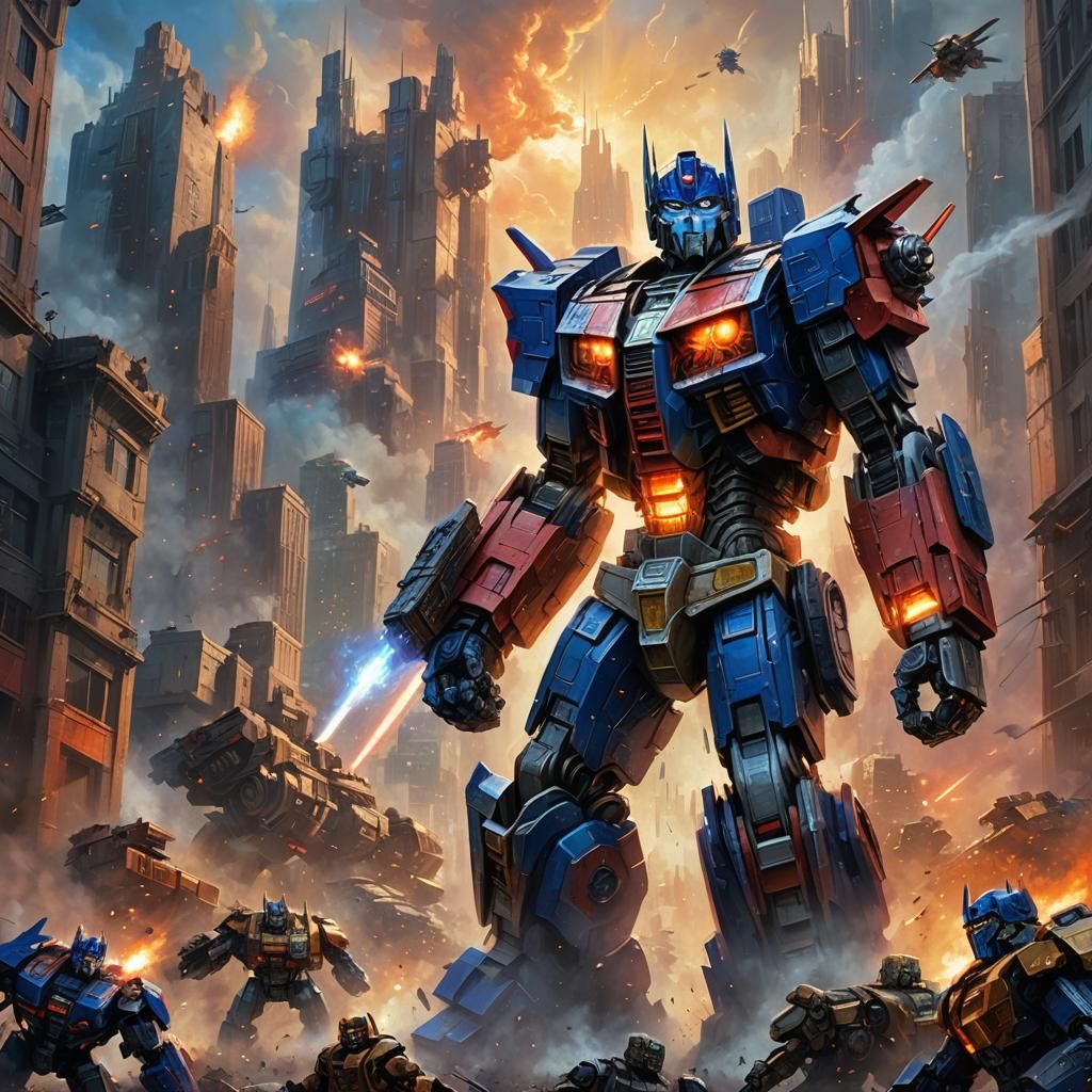 Optimus Prime Leads Autobots in Epic Oil Painting