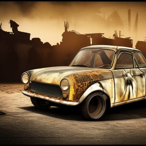 trabant 601 as a madmaxcar. hyperdetailed and hyperrealism