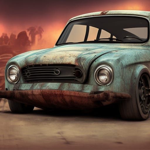 trabant 601 as a madmaxcar. hyperdetailed and hyperrealism