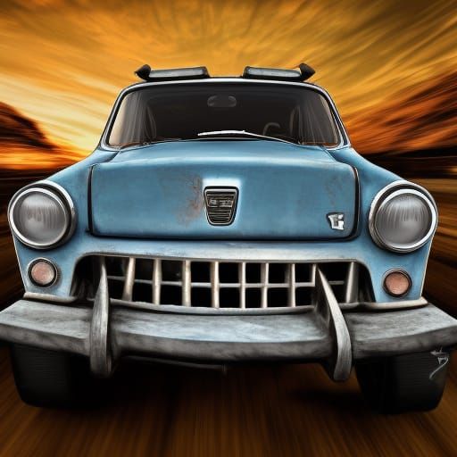 trabant 601 as a madmaxcar. hyperdetailed and hyperrealism