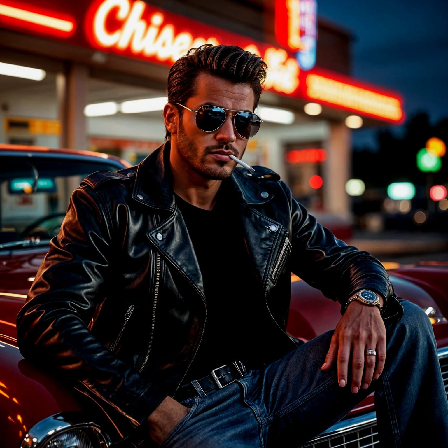 Charismatic Greaser Leaning on Hot Rod in 1950s Style