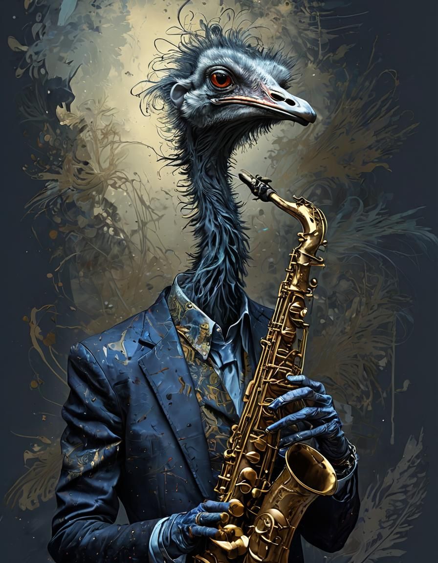 Ostrich Plays Saxophone in Expressionist Style