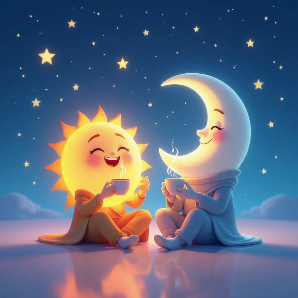 Whimsical Sun & Moon Sip Tea Among Stars in Pixar Style