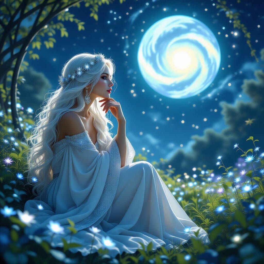 Moonlit Sorceress in Alien Garden: Art Nouveau Style