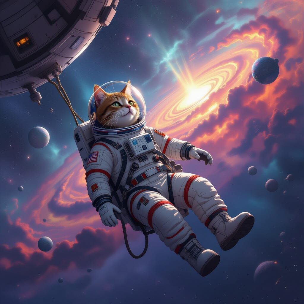 Astronaut Cat Drifts Near Giant Spaceship Amidst Cosmic Nebu...