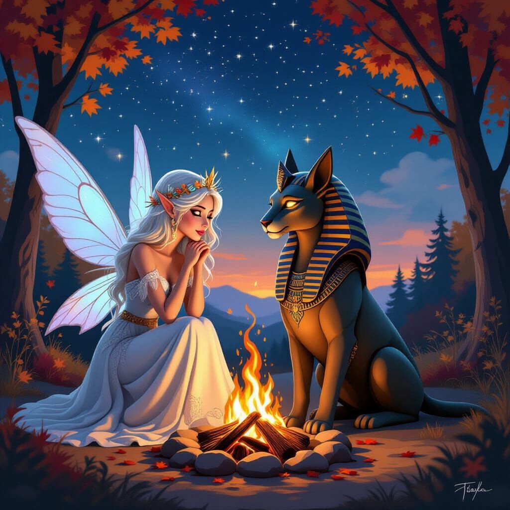 Ethereal Fairy Goddess and Sphinx by Bonfire