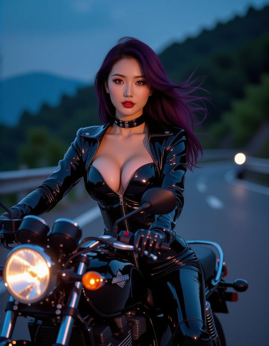 Busty Woman on Motorbike in Dark Forest, Realistic Photo