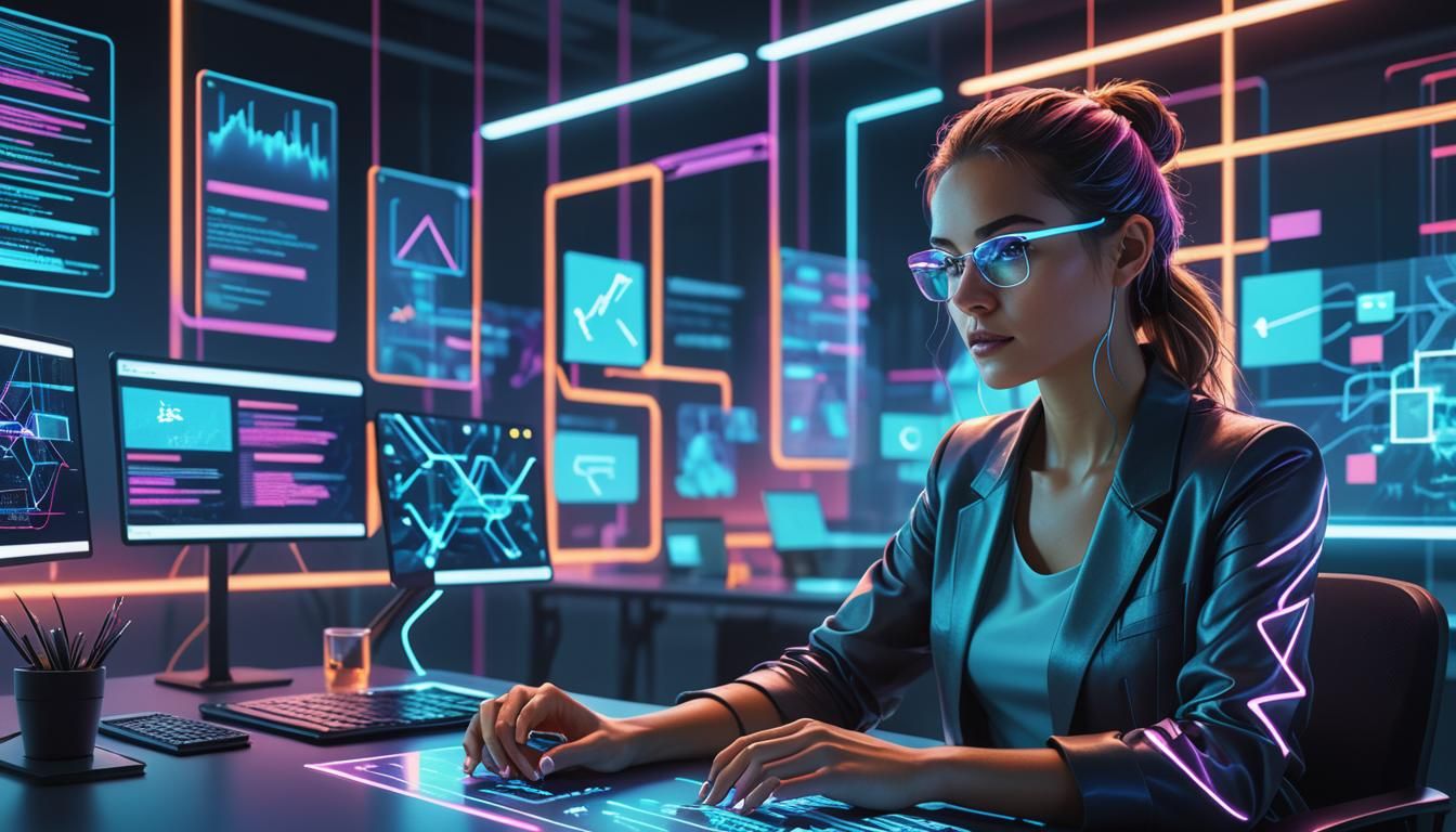 Futuristic Entrepreneur in Neon-Lit Workspace