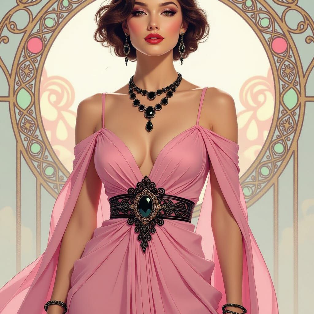 Elegant Woman in Pink Dress, Art Nouveau Style