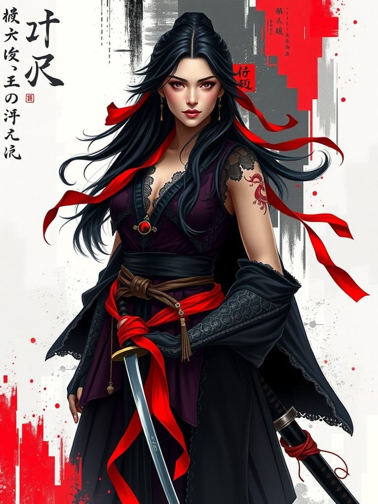 Dark Samurai Warrior in Intricate Velvet and Leather Armor