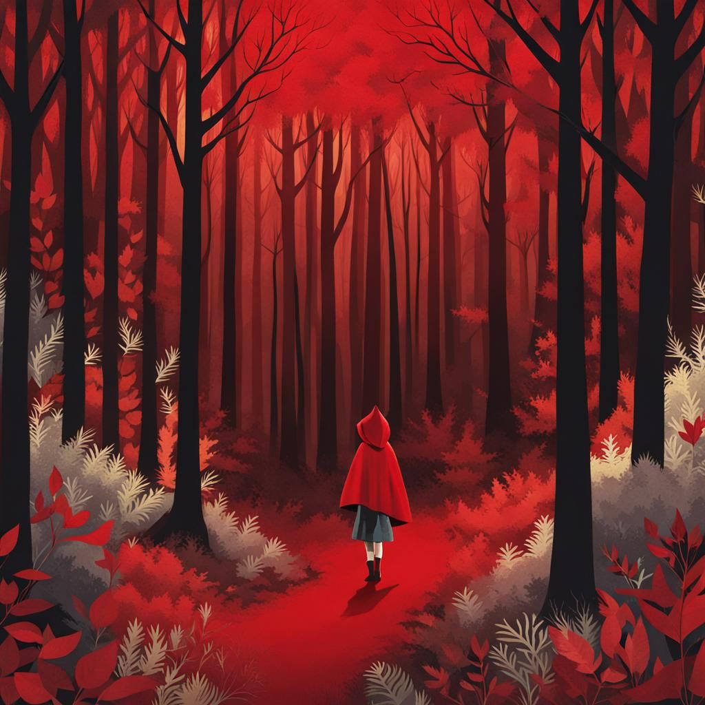 Little Red Riding Hood in Red Forest: Collage Illustration