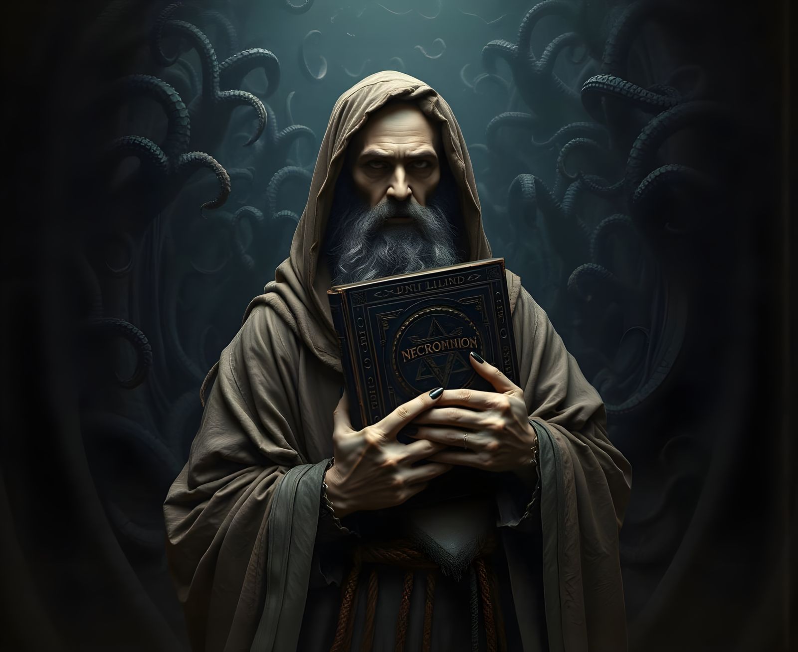 Hyperrealistic Portrait of Abdul Alhazred with Necronomicon