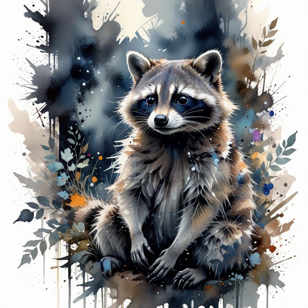 Curious Raccoon Investigates Moonlit Backyard in Watercolour...