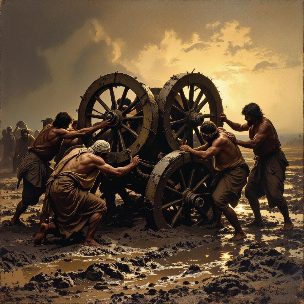 Chariot Wheels Stuck in Mud: A Scene of Unity and Struggle
