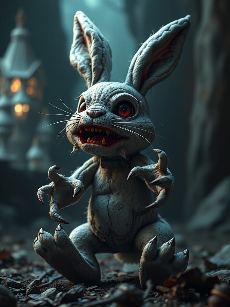 Creepy Bunny Toy with Sharp Claws in Mystical Setting