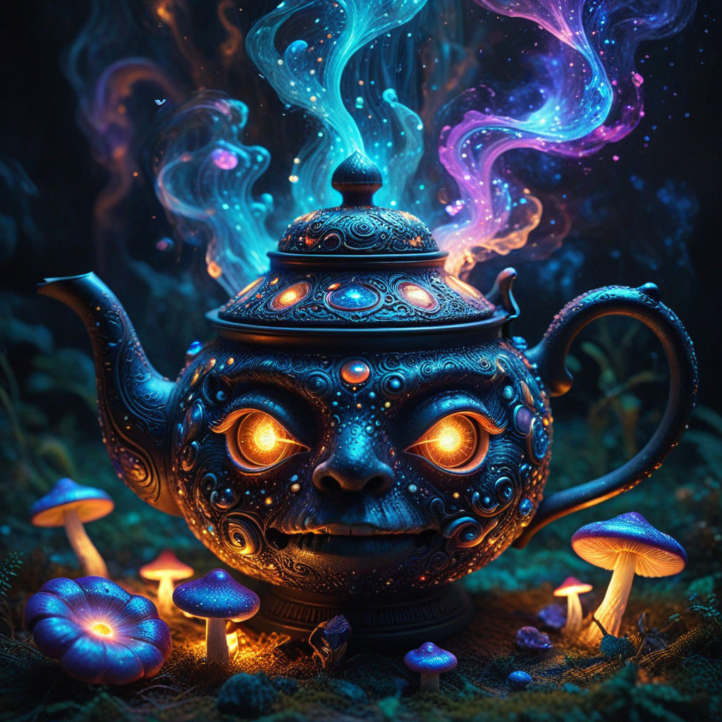 Psychedelic Cosmic Teapot Filled with Glowing Mushrooms and....