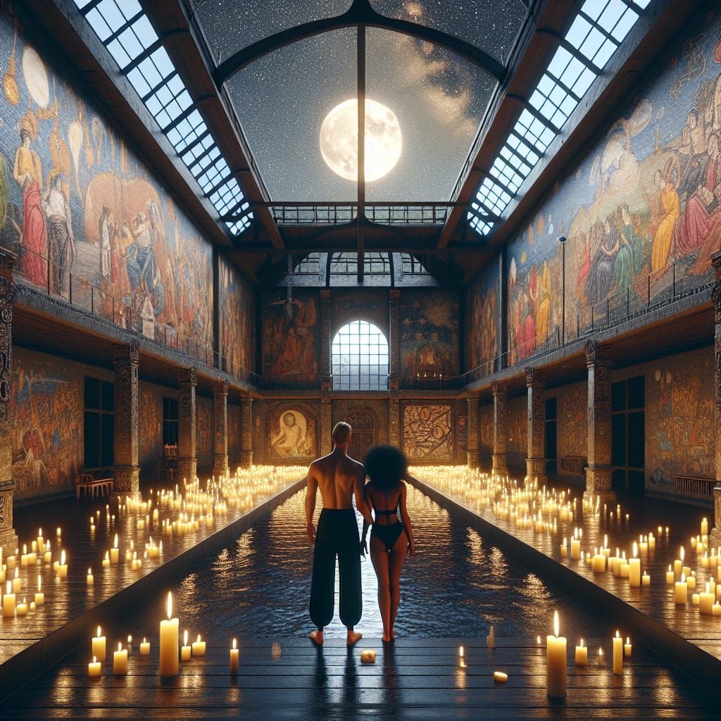 Couple in Gothic Bathhouse with Moonlit Sky