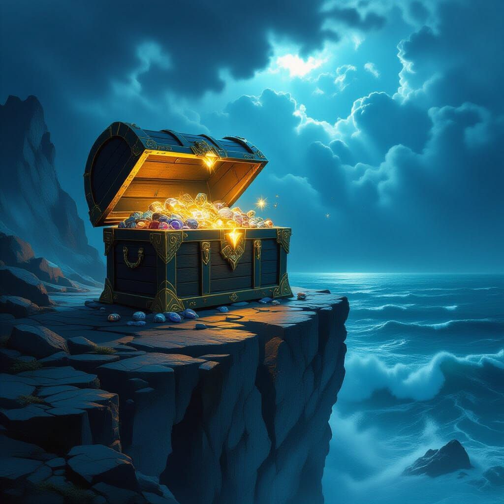 Colossal Treasure Chest on Cliff Edge Overlooking Stormy Sea