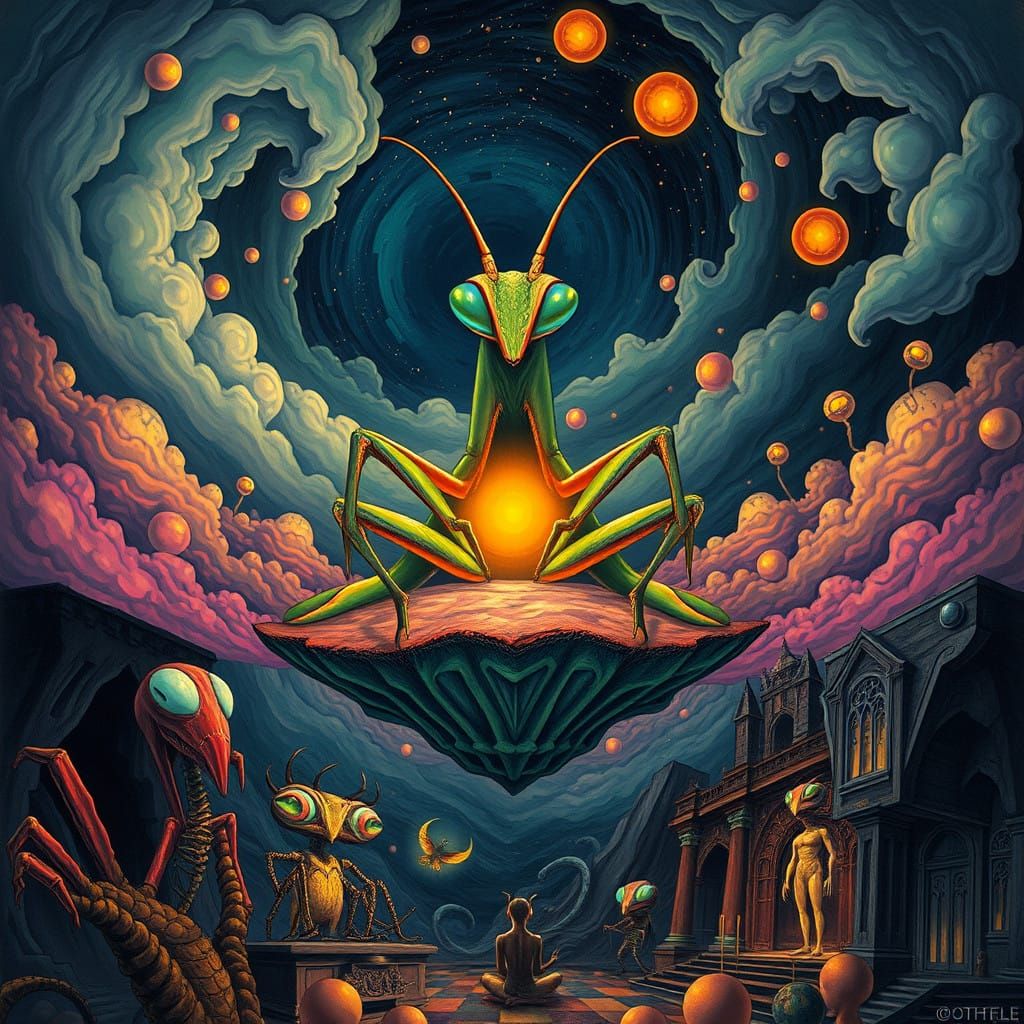 A Dreamlike Praying Mantis Meditates on a Floating Isle Surr...