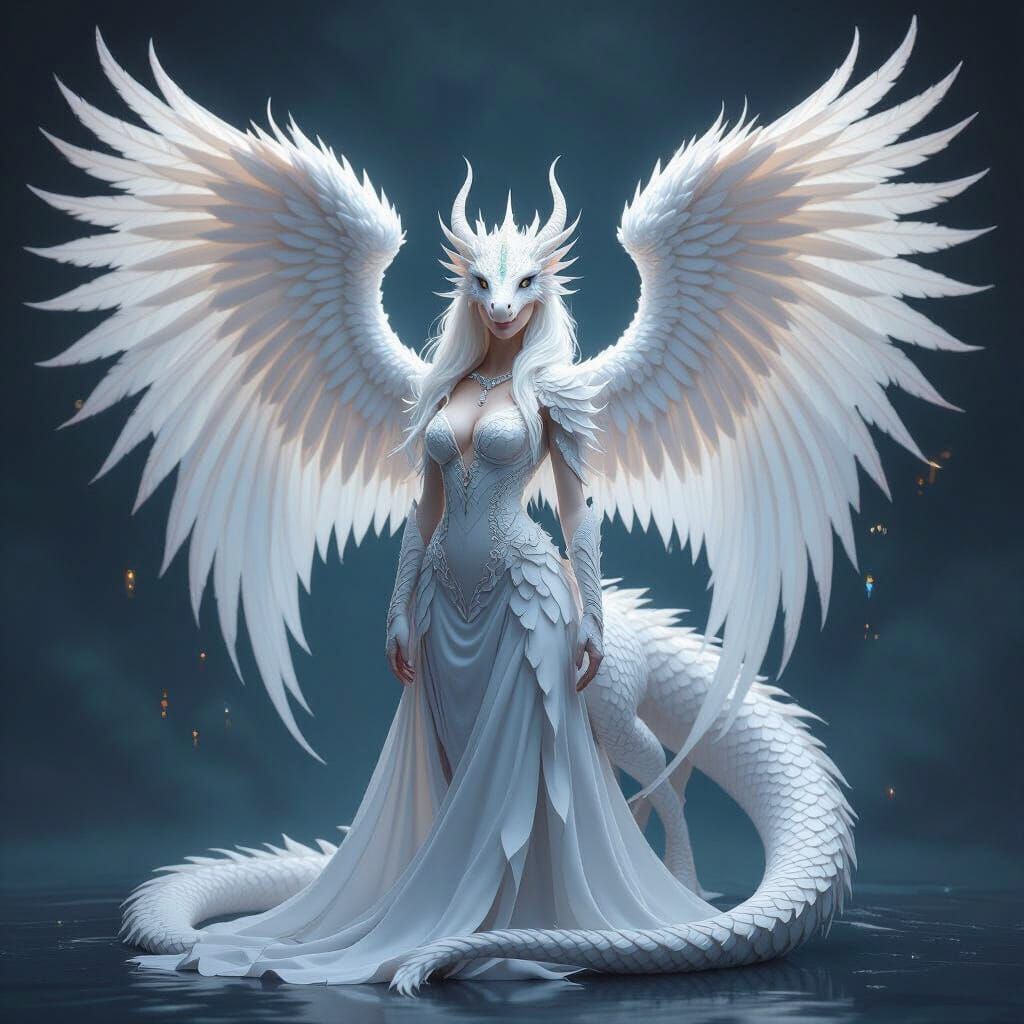 Hyperrealistic White Dragon With Angel Wings