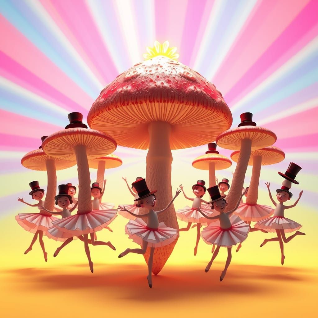 Whimsical Mushroom Ballet in Vibrant Hues