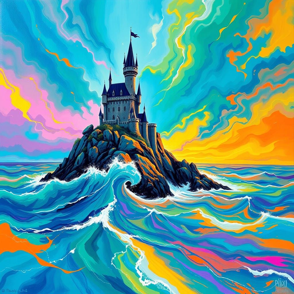 Ethereal Castle Amidst Kaleidoscopic Sea in Psychedelic Art....