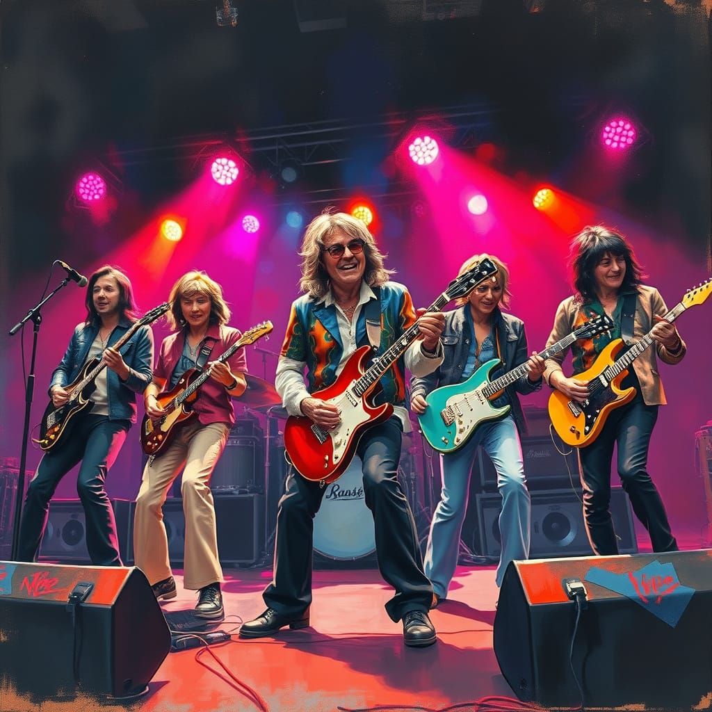 Rock Band on Stage in 80s Gouache Style