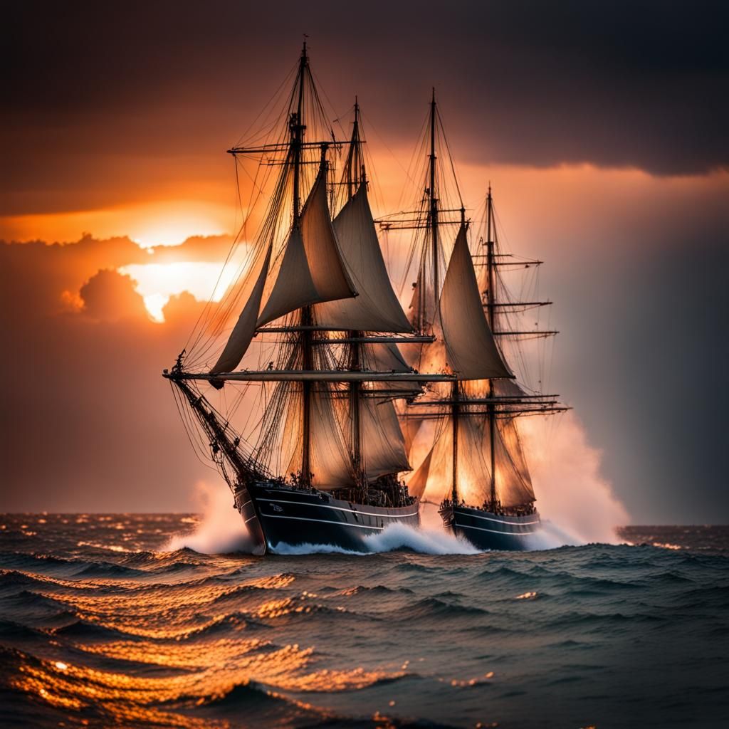 Sailing Ships at War on Raging Seas