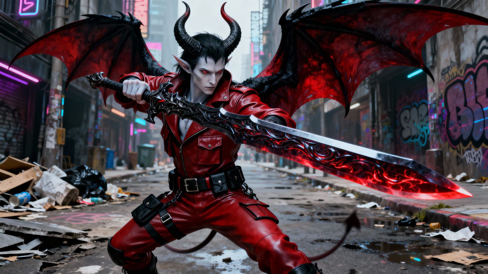 Tiefling Warrior in Cyberpunk Street with Obsidian Sword