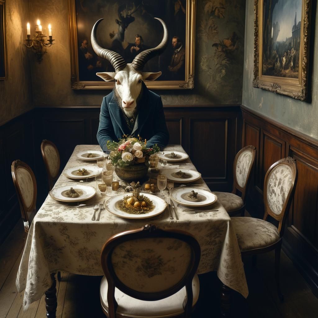 Surreal Restaurant with Bizarre Creatures, Eldritch Painting