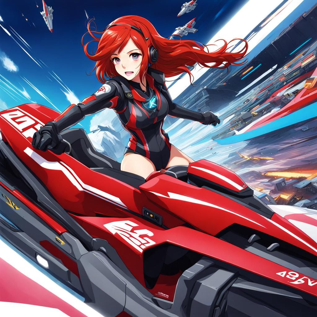 Red-Haired Girl Playing Wipeout in Anime Style
