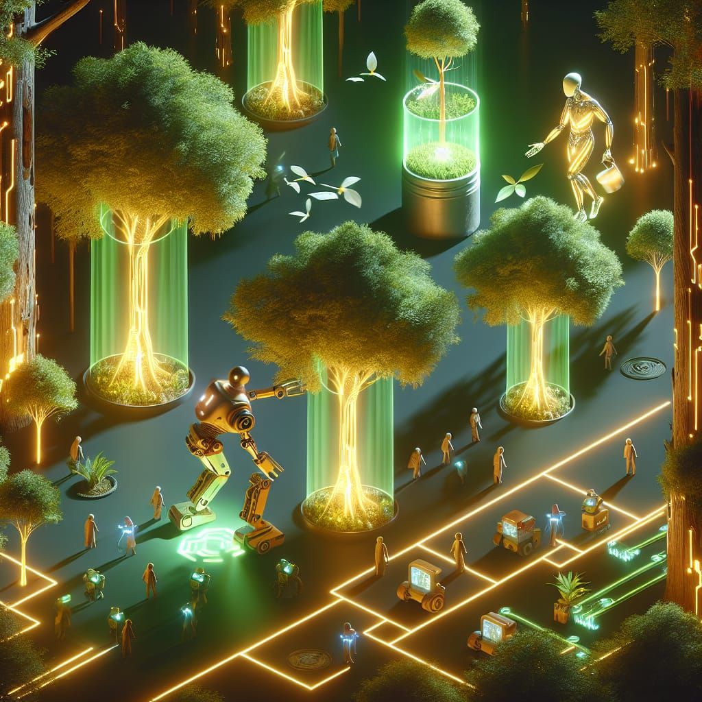 Futuristic Cyberpunk Forest With Luminous Tree Homes