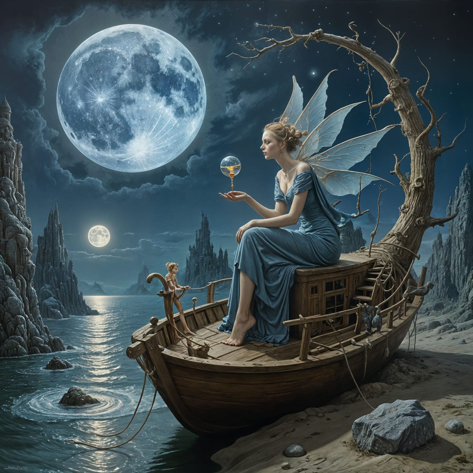 Surreal Blue Moon Oil Painting in Dreamlike Style