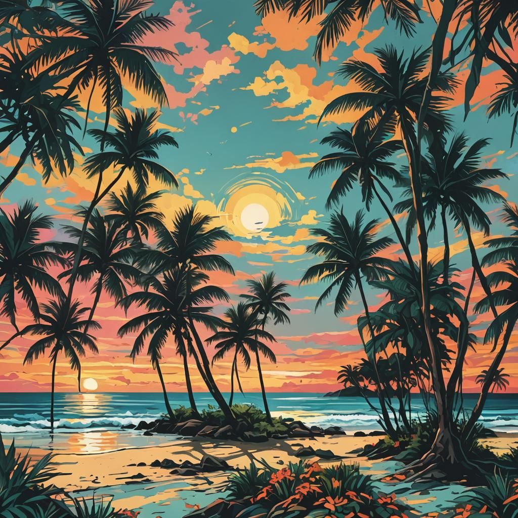 Tropical Island Sunset in Abstract Art Style