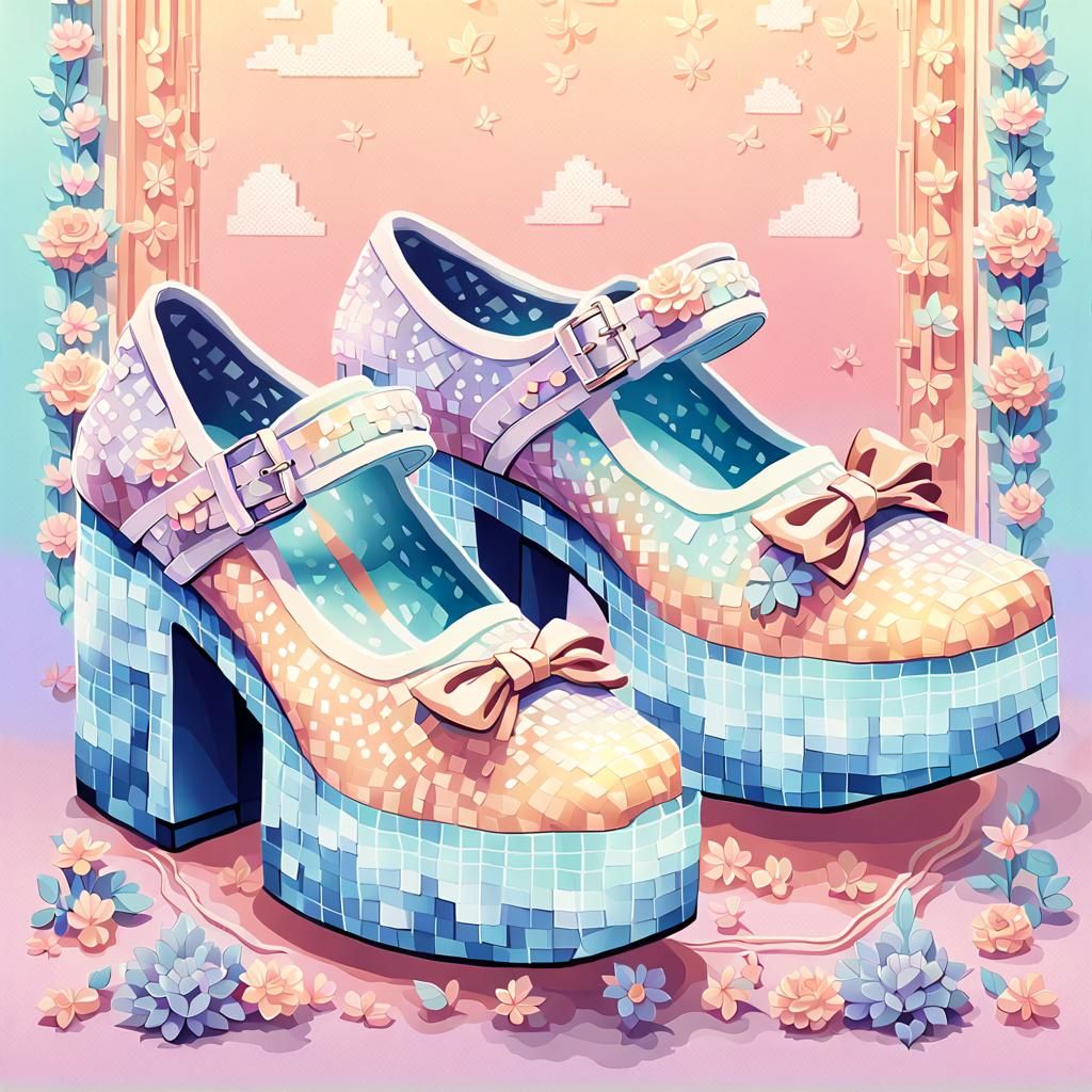 Pixel Art Mary Jane Platform Shoes in Pastel