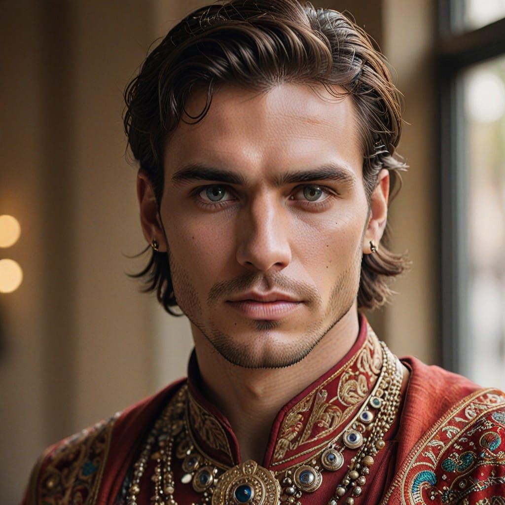Chiseled Prince in Vibrant Attire with Metallic Accents