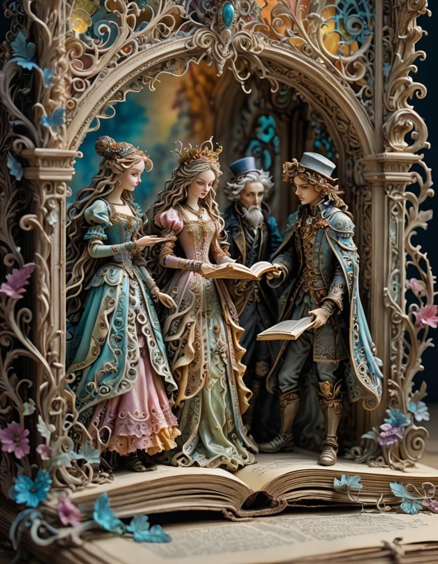 Fantasy Figures Emerge from Book in Pastel Colors