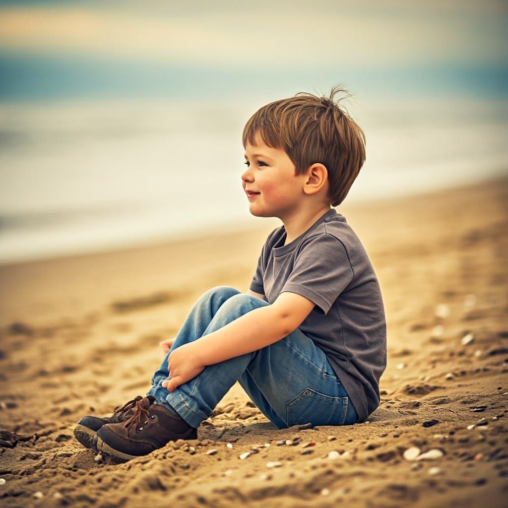 Boy on Beach with Joyful Expression