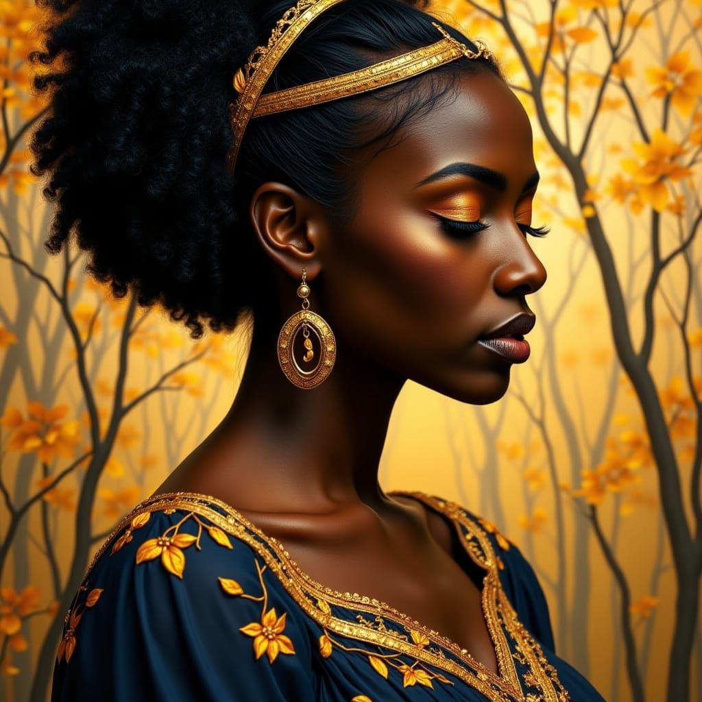 A regal Black woman, likely in her late 20s to early 30s, is depicted in a three-quarter profile, gazing downwards with ...
