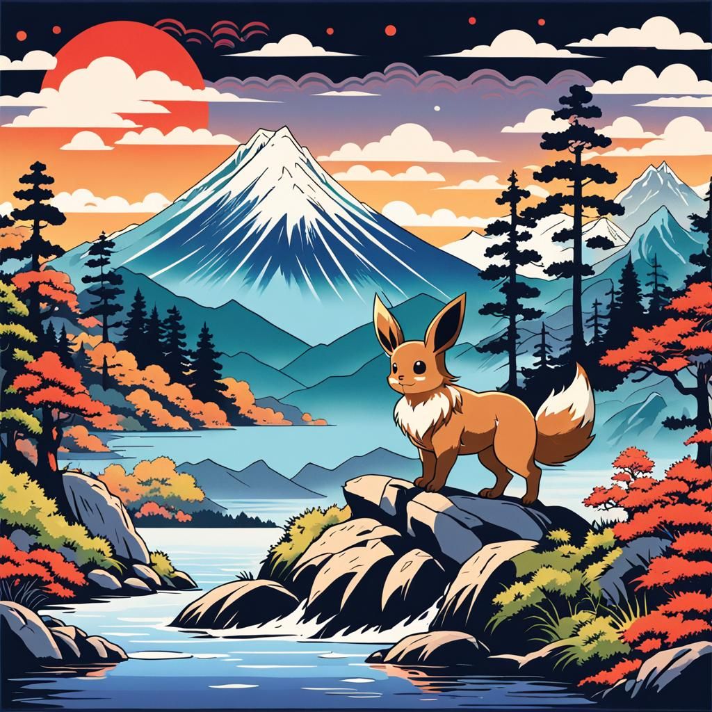 Eevee in Japanese Landscape, Ukiyo-e Art