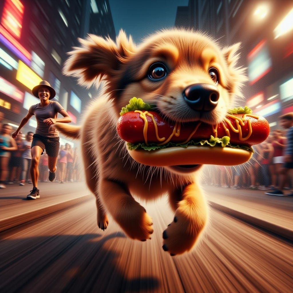 Hyperrealistic Dog Steals Hotdog from Vendor
