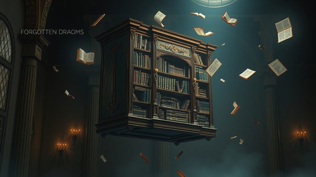 Surreal Hyperrealistic Levitating Bookshelf in a Dimly Lit R...