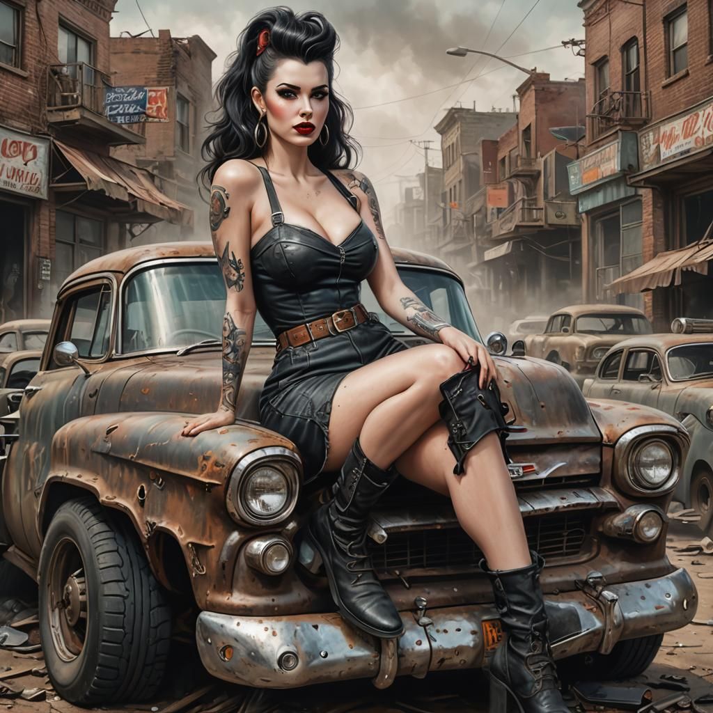 Rockabilly Woman on Chevy in Post-Apocalyptic City