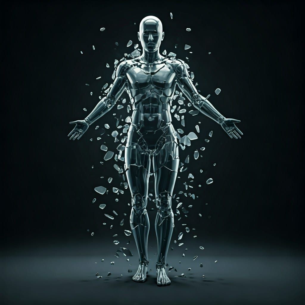 Shattered Glass Humanoid Figure in Hyperrealistic Style
