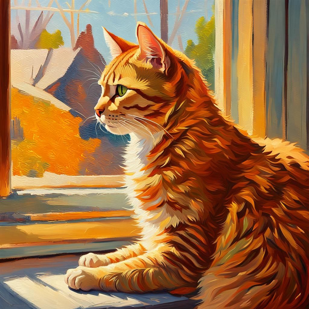 Ginger Cat in Sunlit Window, Impressionist Oil Painting