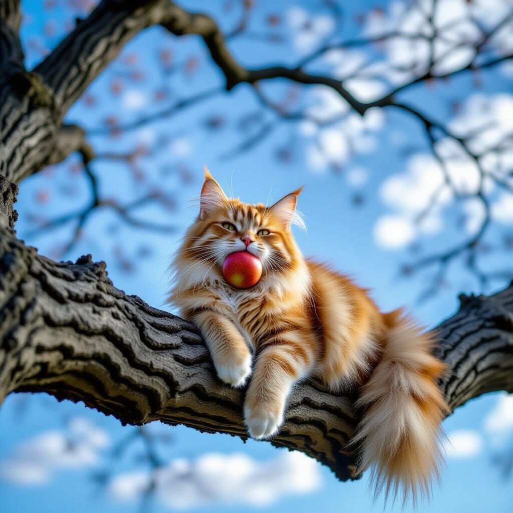 Fluffy Ginger Cat Enjoys Apple On Tree Branch