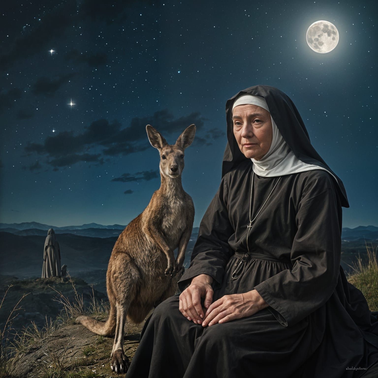 Nun and Kangaroo Share Quiet Moment Under Starry Sky