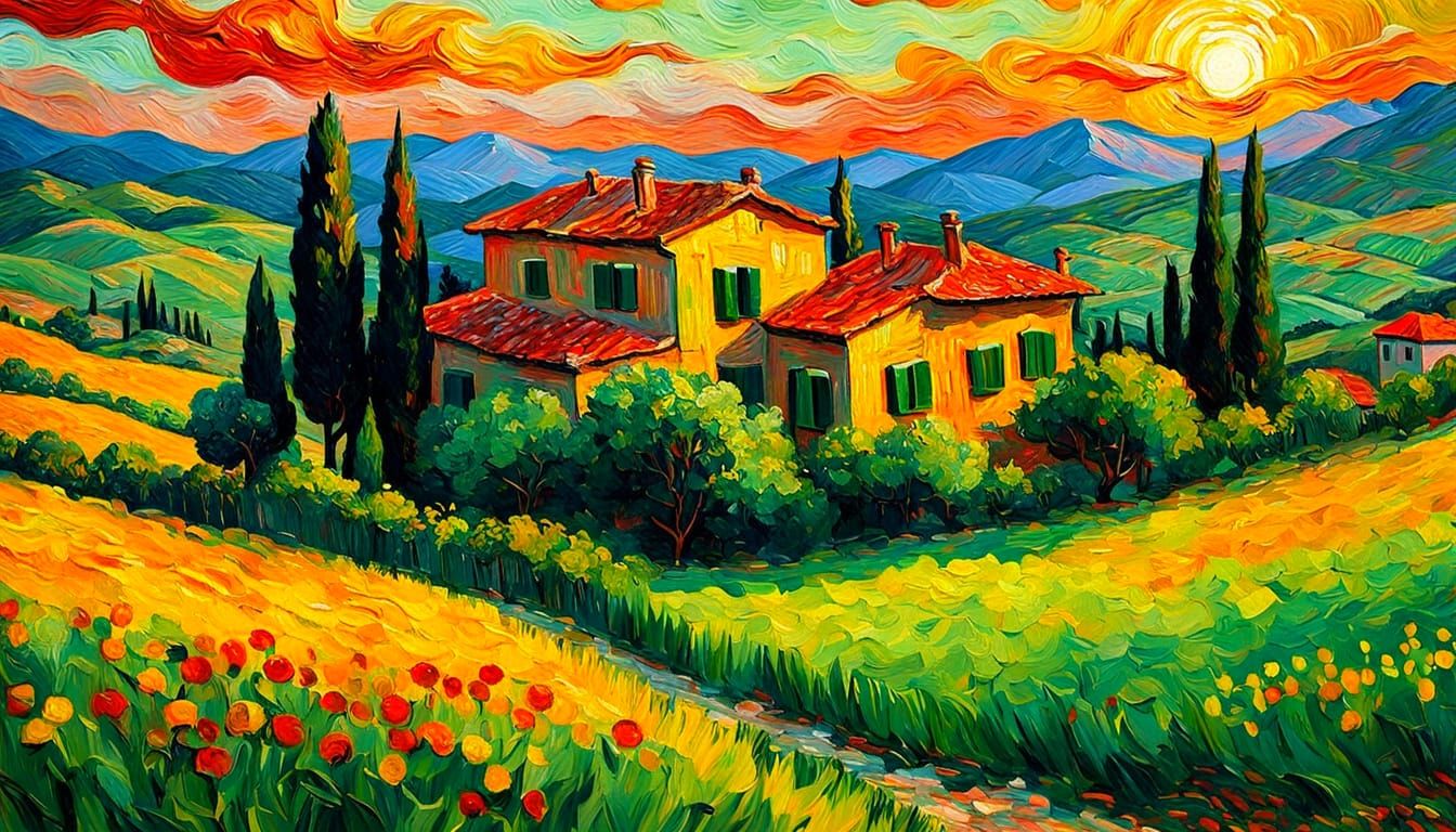 Tuscan Villa at Sunset: Impasto Painting